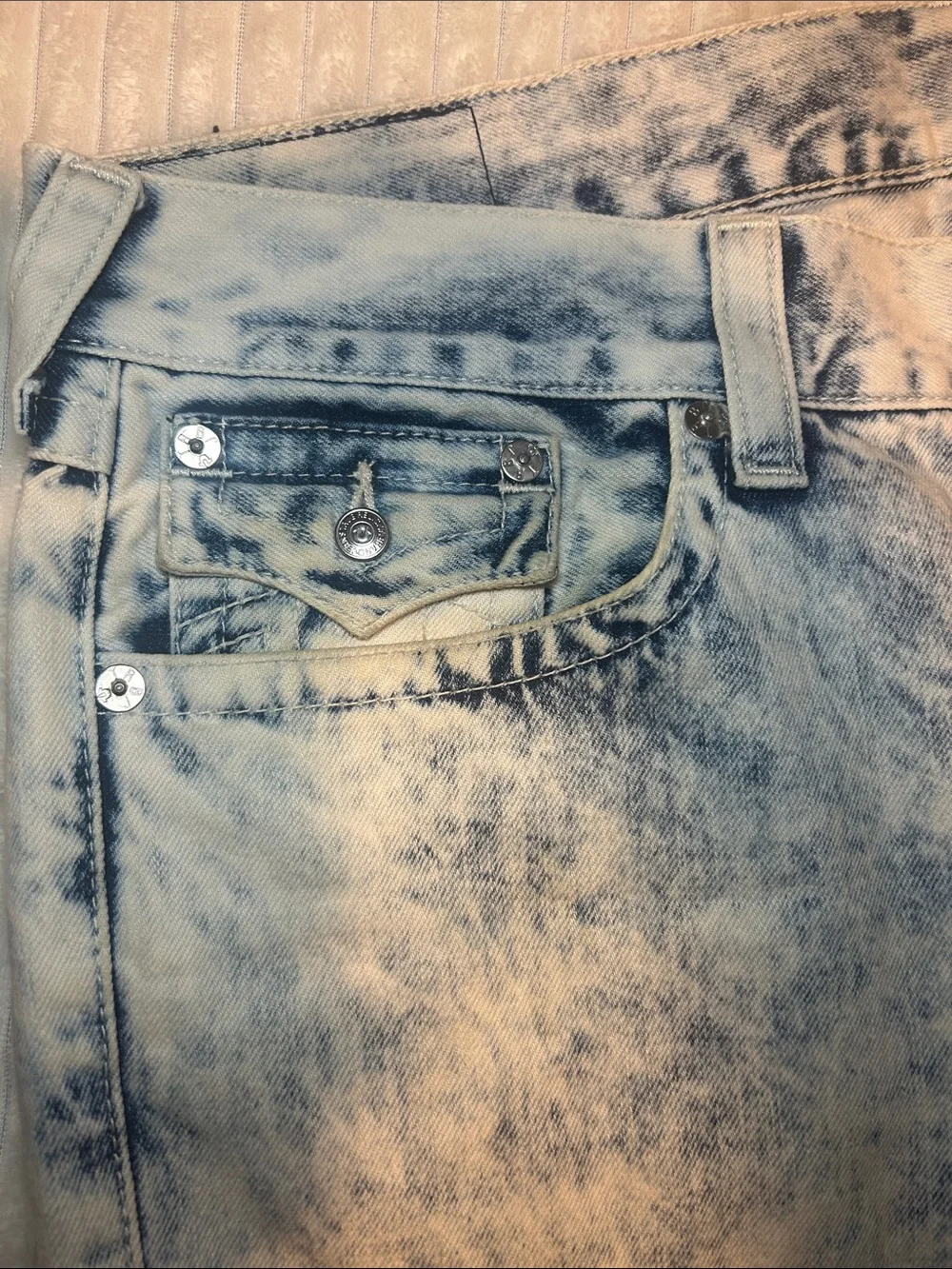 True Religion Men's Acid Wash Distressed Denim Shorts - Blue & White